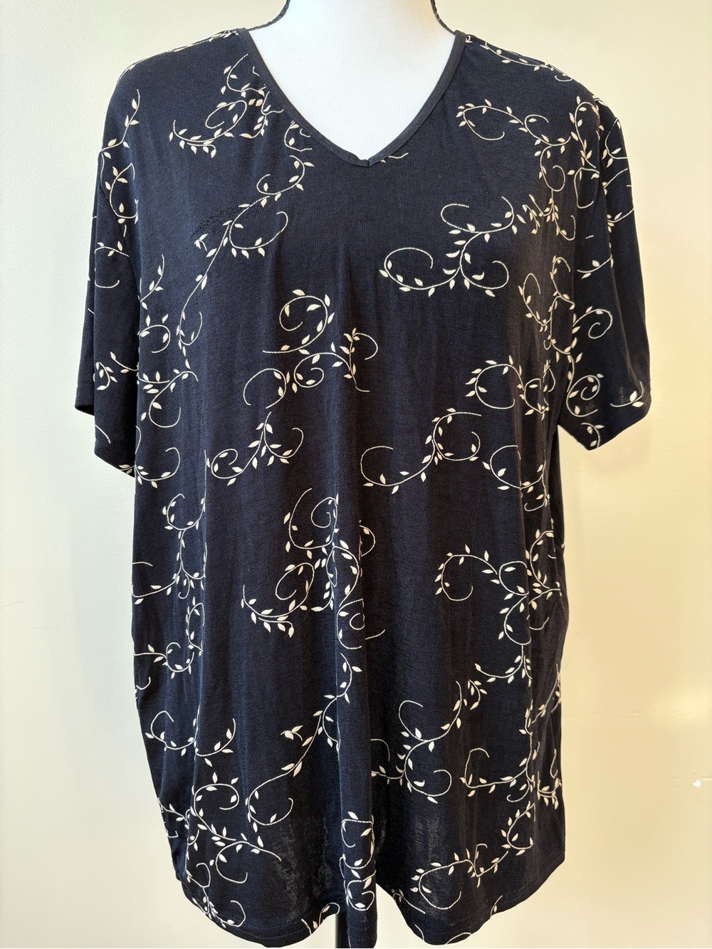 Black V-Neck Blouse with White Vine Print - Women